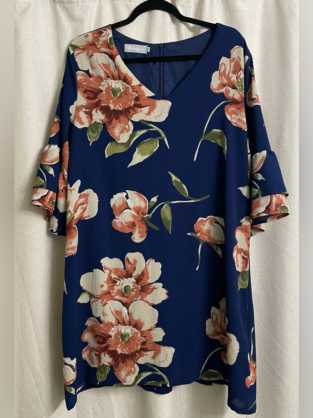 BelongSci Blue Floral Shift Dress Bell Sleeve V-Neck Size XXL